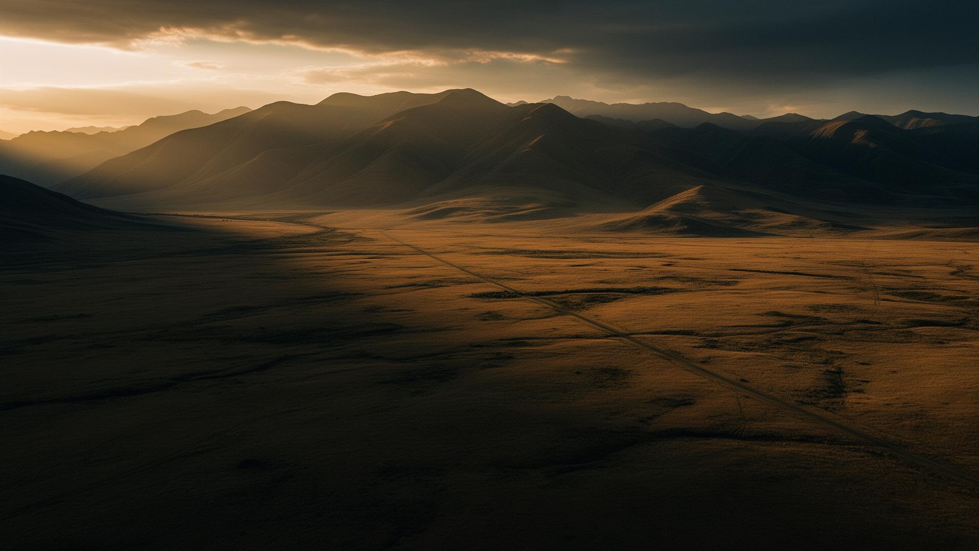 Aerial view of vast open land and mountains at golden hour